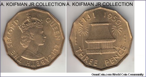 KM-22, 1956 Fiji 3 pence; nickel-brass, plain edge, 12-sided flan; Elizabeth II, scarcer earlier year, thin scratch or srike through on obverse, otherwise very lightly toned  choice uncirculated.