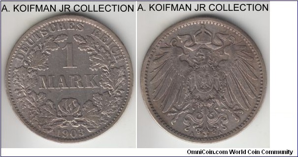 KM-14, 1903 Germany (Empire) mark, Berlin mint (A mint mark); silver, reeded edge; Wilhelm II, common year mint, average good fine to very fine and possibly cleaned.
