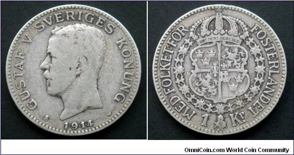 Sweden 1 krona.
1914, Ag 800.