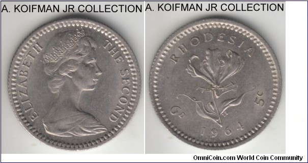 KM-1, 1964 Rhodesia 5 cents (6 pence); copper-nickel, reeded edge; Elizabeth II, transitional coinage, one year type, average uncirculated.