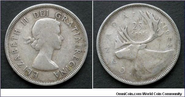 Canada 25 cents.
1953, Ag 800.
