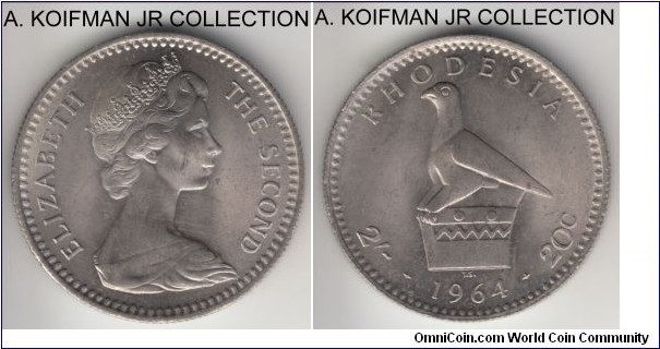 KM-3, 1964 Rhodesia 20 cents (2 shillings); copper-nickel, reeded edge; Elizabeth II, 1-year transitional coinage, average uncirculated specimen, some obverse toning abd few bag marks.