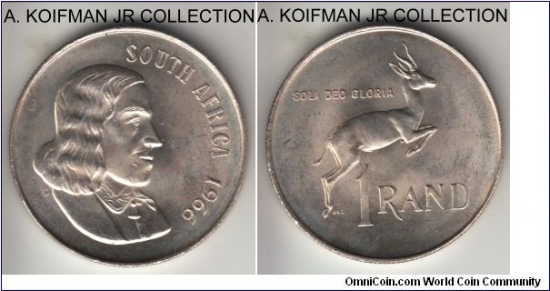 KM-71.1, 1966 South Africa (Republic) rand; silver, reeded edge; early Republican coinage, SOUTH AFRICA legend in English, average uncirculated.