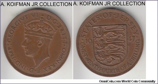 KM-17, 1947 Jersey 1/14 of a shilling (half penny equivalent); bronze, plain edge; George VI, small mintage type, 72,000 minted that year, extra fine or so.