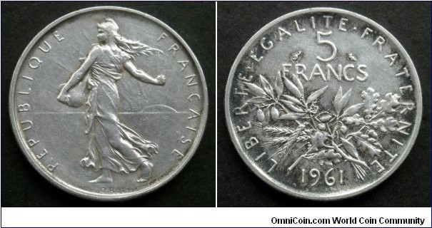 France 5 francs.
1961, La Semeuse (the Sower) Ag 835.