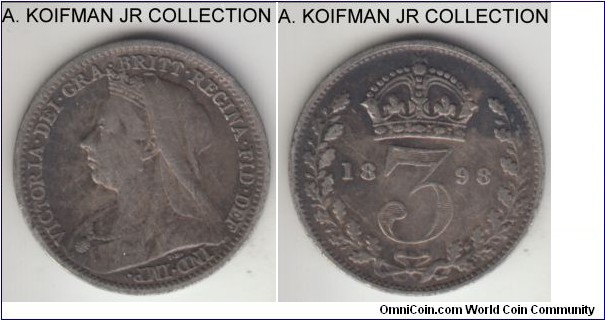 KM-777, 1897 Great Britain 3 pence; silver, plain edge; Victoria mature veiled head, good very fine, dark toned.