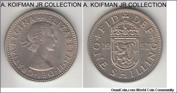 KM-905, 1957 Great Britain shilling; copper-nickel, reeded edge; Elizabeth II, Scottish crest, choice uncirculated.