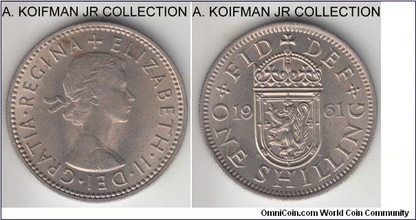 KM-905, 1961 Great Britain shilling, Scottish crest; copper-nickel, reeded edge; Elizabeth II, average uncirculated, couple of dirt or toning spots on obverse.
