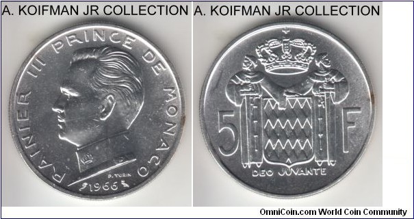 KM-141, 1966 Monaco 5 francs; silver, reeded edge; Rainier III, bright uncirculated, few bag marks and edge toning.