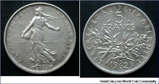 France 5 francs.
1962, La Semeuse (the Sower) Ag 835.