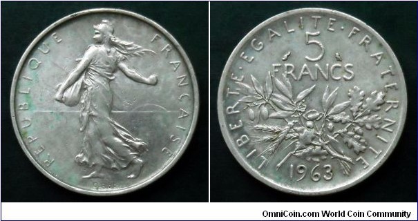 France 5 francs.
1963, La Semeuse (the Sower) Ag 835.