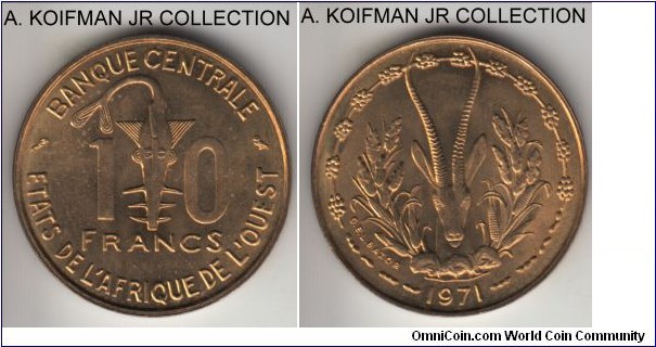 KM-1a, 1971 West African States 10 francs; aluminum-nickel-bronze, plain edge; red uncirculated, common with gazelle motif.
