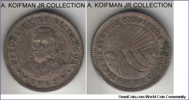 KM-24.2, 1962 Nicaragua 5 centavos; copper-nickel, lettered edge; BCN edge lettering, average circulated and lightly cleaned.