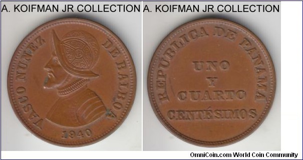 KM-15, 1940 Panama 1 and 1/4 centesimos; bronze, plain edge; one year type, unusual denomination that is apparently half of the 2.5 centesimos, brown uncirculated or almost, a little dirt in places.