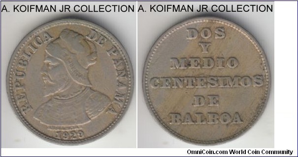 KM-8, 1929 Panama 2 1/2 centesimos; copper-nickel, plain edge; one year type, toned better very fine.