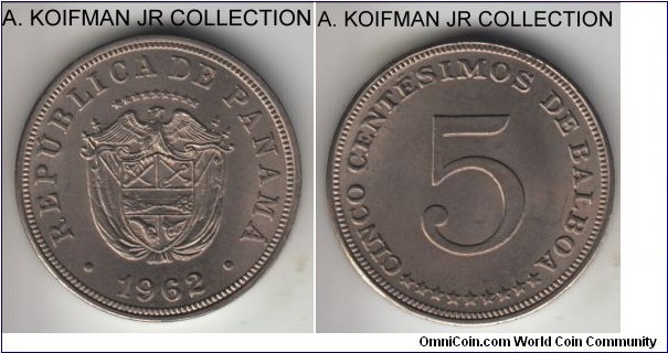KM-23.2, 1962 Panama 5 centesimos, Royal Mint (London); copper-nickel, plain edge; nice uncirculated, tiny bit of reverse edge toning.