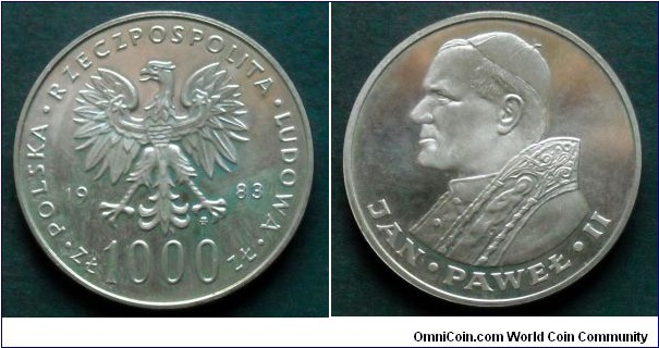 Poland 1000 złotych.
1983, Pope John Paul II. Ag 625.