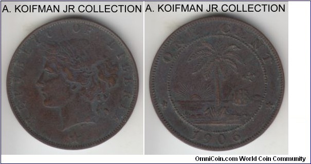 KM-5, 1906 Liberia cent, Heaton mint (H mint mank); bronze, plain edge; a smaller mintage and actually scarcer of the 2 years minted, dark brown good fine to very fine details, a bit dirty.