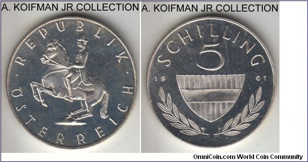 KM-2889, 1961 Austria 5 shilling; silver, reeded edge; proof version of the circulation issue, Lippizaner stallion, early coinage with unknown but likely small mintage, bright lightly toned specimen.