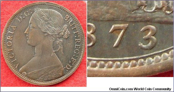 UK penny 1873. Broad 3 over slim 3. Freeman 064. Rarity unknown (> R5).