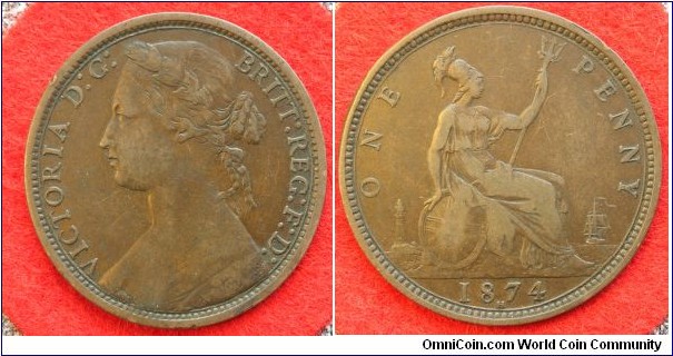 UK penny 1874H. Freeman 076. Obv 7 rev I. About Fine.