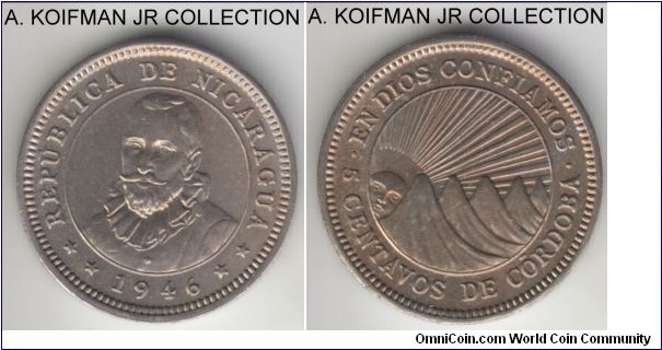 KM-24.1, 1946 Nicaragua 5 centavos; copper-nickel, lettered edge; BNN edge lettering, nice choice uncirculated.