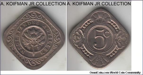KM-6, 1963 Netherlands Antilles 5 cents; copper-nickel, plain edge, square flan; Juliana, toned uncirculated.