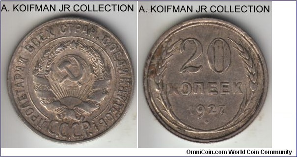 Y#88, 1927 Russia (USSR) 20 kopek; silver, reeded edge; toned good very fine.