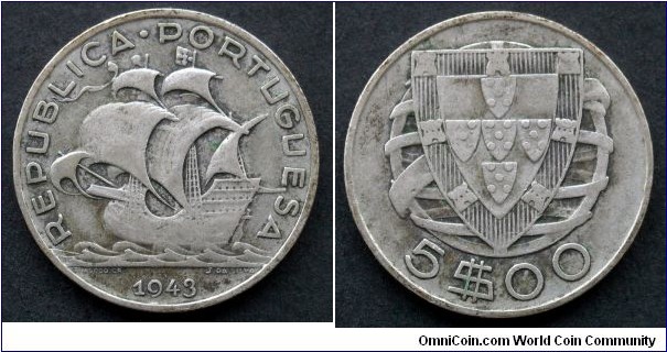 Portugal 5 escudos.
1943, Ag 650.