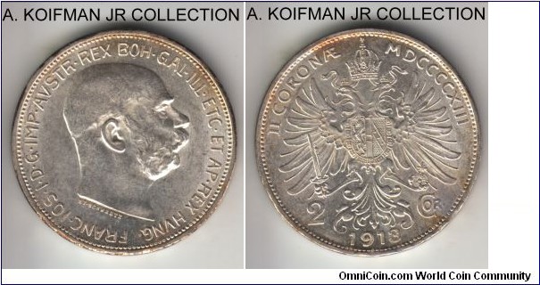 KM-2821, 1913 Austria 2 corona; silver, lettered edge; Franz Joseph I, latter of the 2- year type, nice uncirculated, toned in places.