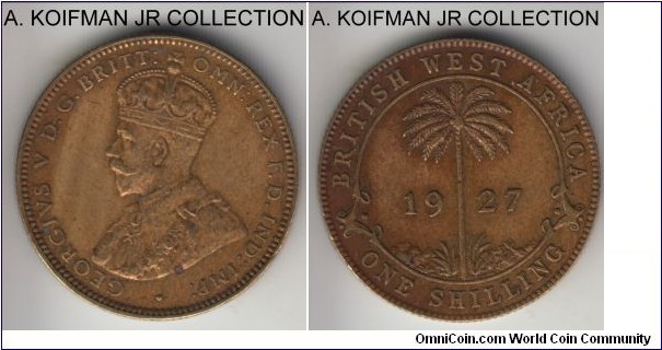 KM-12a, 1927 British West Africa shilling, Royal mint (no mint mark); tin-brass, reeded edge; George V, one of the more common years, good very fine details, past cleaning.