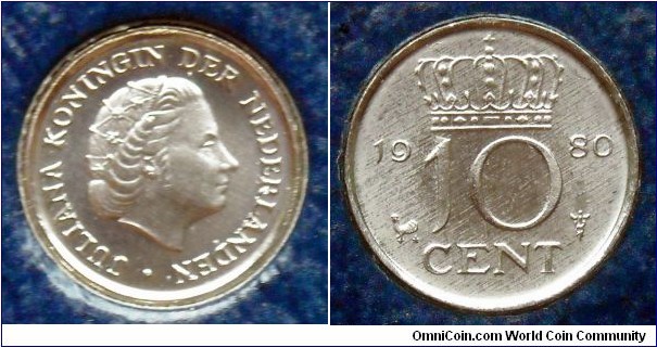 Netherlands 10 cents from 1980 mint set.