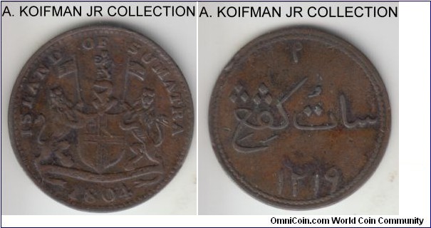 KM-Tn1, AH1219/1804 British East Indies - Sumatra keping token; copper, plain edge; merchant token with East Indies Company coat of arms and denomination in Arabic, fine details, dirty and stained usual in copper.