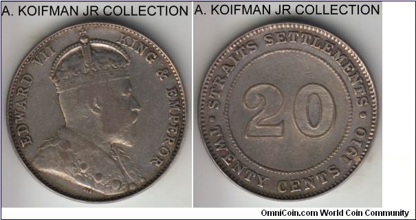 KM-22a, 1910 Straits Settlements 20 cents, Bombay mint; silver, reeded edge; Edward VII, well circulated, very good to fine, cleaned and re-toned.