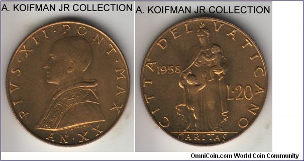 KM-A52.2, 1958 Vatican 20 lira; aluminum-bronze, reeded edge; Year XX of Pope Pius XII, small mintage of 60,000, choice uncirculated from the souvenir set.