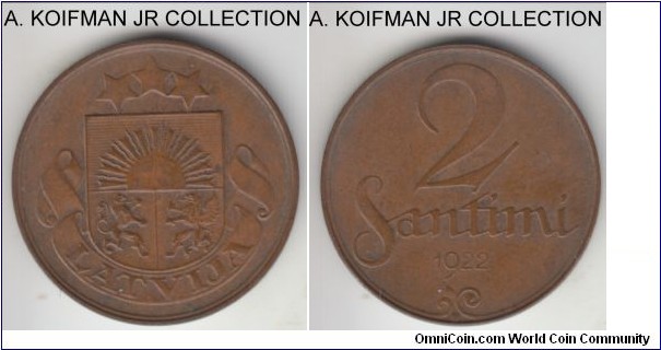 KM-2, 1922 Latvia 2 santimi; bronze, plain edge; First Republic, the mint name under the obverse ribbon is not visible, but I think it may have been removed from the dies as the very faint fantom lettering seems to be there, extra fine or about.