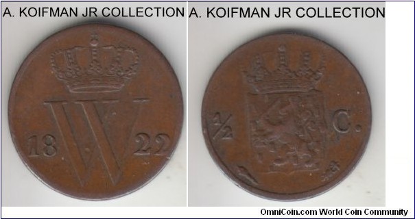 KM-51, 1822 Netherlands 1/2 cent, Utrecht mint (no mintmark); copper, plain edge; William I, early and scarce coinage, very good to fine.