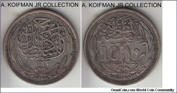 KM-319, AH1335 - 1916 Egypt 10 piastres; silver, reeded edge; Sultan Hussein Kamil during British occupation, average circulated, good fine to very fine.