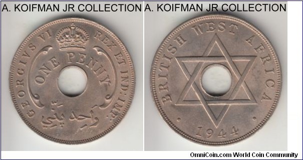 KM-19, 1944 British West Africa penny, Royal Mint (no mint mark); copper-nickel, plain edge, holed flan; George VI, common year, average uncirculated.