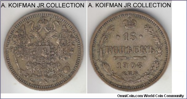 Y#21a.2, 1908 Russia (Empire) 15 kopeks, St. Petersburg mint (СПБ mint mark); silver, reeded edge; Nikolai II, darker toned but nice good very fine.