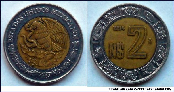 Mexico 2 new pesos.
1994