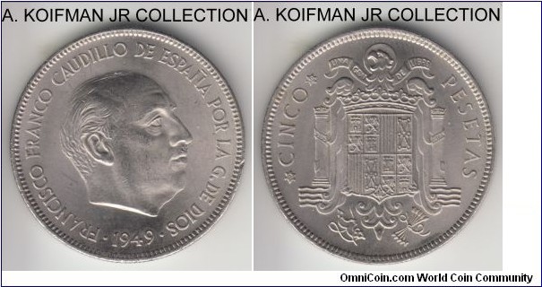 KM-778, 1949(50) Spain (Kingdom) 5 pesetas; nickel, reeded edge; Caudilio Franco, average uncirculated.