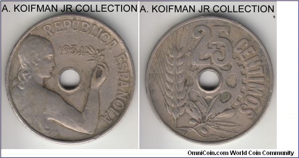 KM-751, 1934 Spain (Republic) 25 centimos; copper-nickel, plain edge; average circulated.