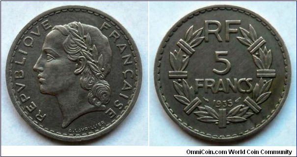 France 5 francs.
1935, Nickel