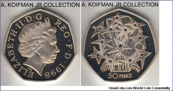KM-992a, 1998 Great Britain 50 pence; proof, silver, plain edge, curved heptagon (7-sided) flan; Elizabeth II, 25'th anniversary of UK membership inthe EU, mintage 8,859, lightly toned deep cameo proof.