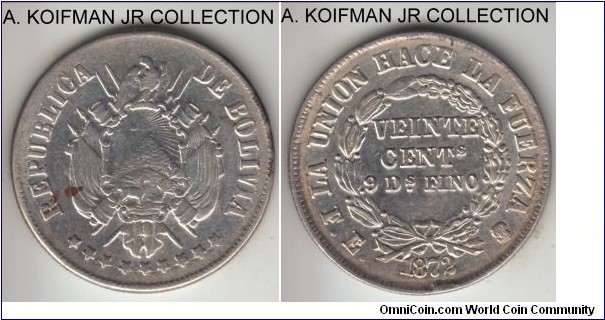KM-154.3, 1872 Bolivia 20 centavos, Potosi mint (PTS mintmark in monogram), FE essayer initials; silver, reeded edge; last year of the type, net very fine to good very fine with obverse die off-center, resulting in smothered strike, cleaned and a carbon spot, reverse is good very fine to almost extra fine, die breaks and extra metal cud.