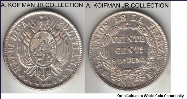 KM-159.1, 1876 Bolivia 20 centavos, Potosi mint (PTS mintmark in monogram), FE essayer initials; silver, reeded edge; appear to be a large date variety, worn or misaligned collar as 3/4 of the coin has no edge reeding, typical of the type and period, otherwise extra fine or better.