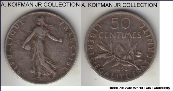 KM-854, 1898 France 50 centimes; silver, reeded edge; earlier Sower type, toned average circulated.