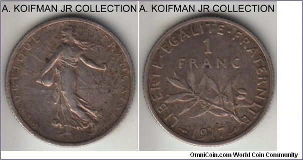 KM-844.1, 1917 France franc; silver, reeded edge; Sower type, common year, darker toned good very fine.