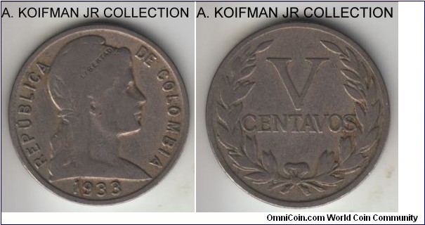 KM-275, 1933 Colombia 5 centavos; copper-nickel, plain edge; Liberty head type, faint partial obverse beads, fine or better.